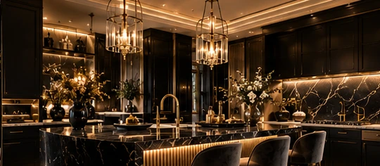 Design concept showing a luxury kitchen with dark cabinetry and gold lighting