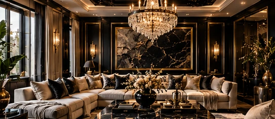 Interior design concept with ivory seating, dark marble and warm gold detailing
