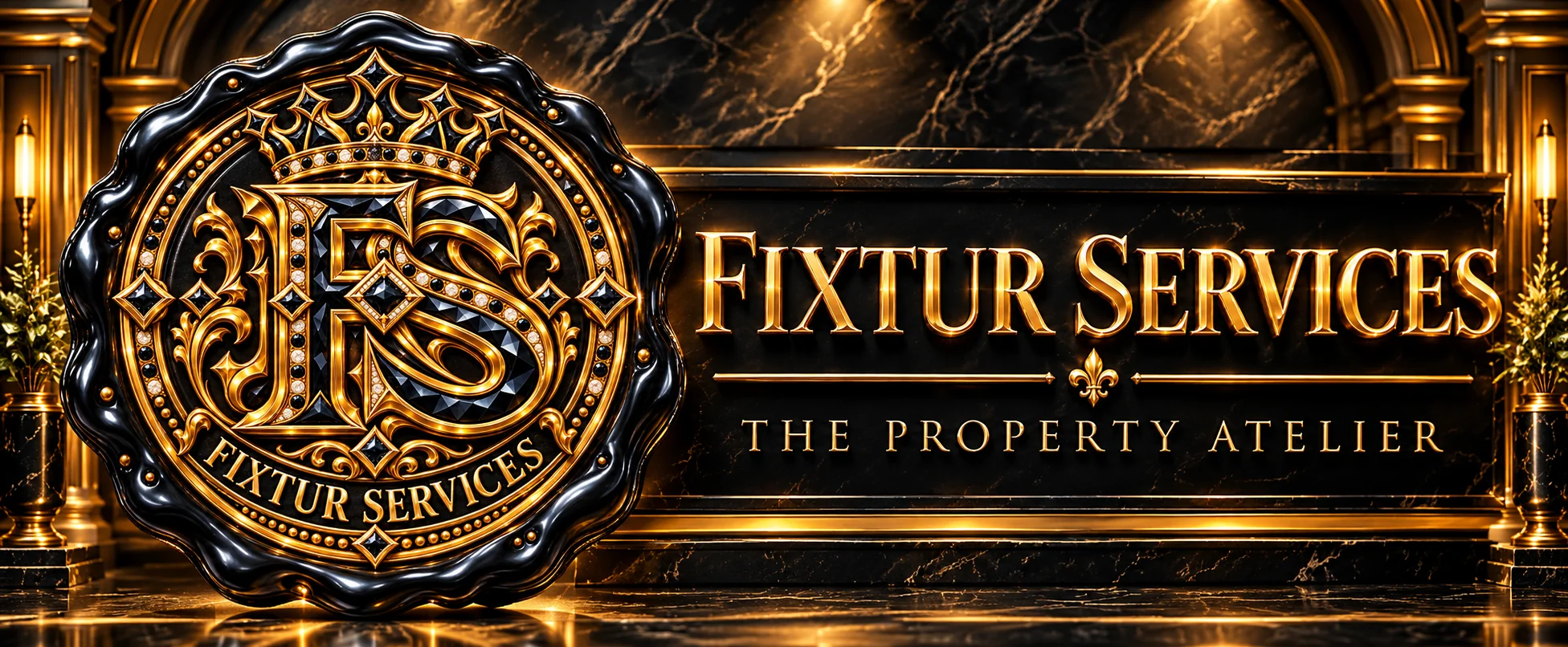 Fixtur Services crowned black-and-gold crest alongside the Property Atelier name on polished black marble